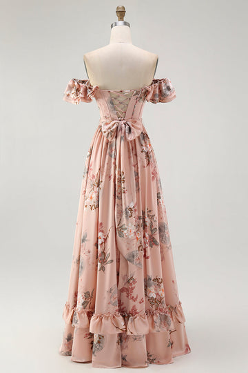 Blush Floral Off The Shoulder A Line Ruffled Bridesmaid Dress